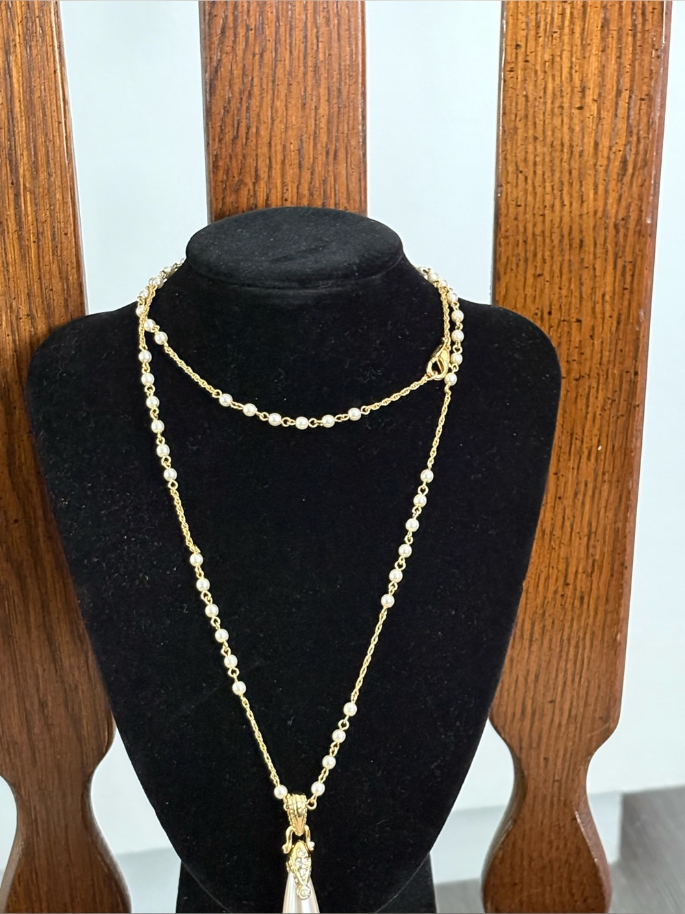 Nolan Miller Gold Tone Faux Pearl Rhinestone Drop Pendant Necklace